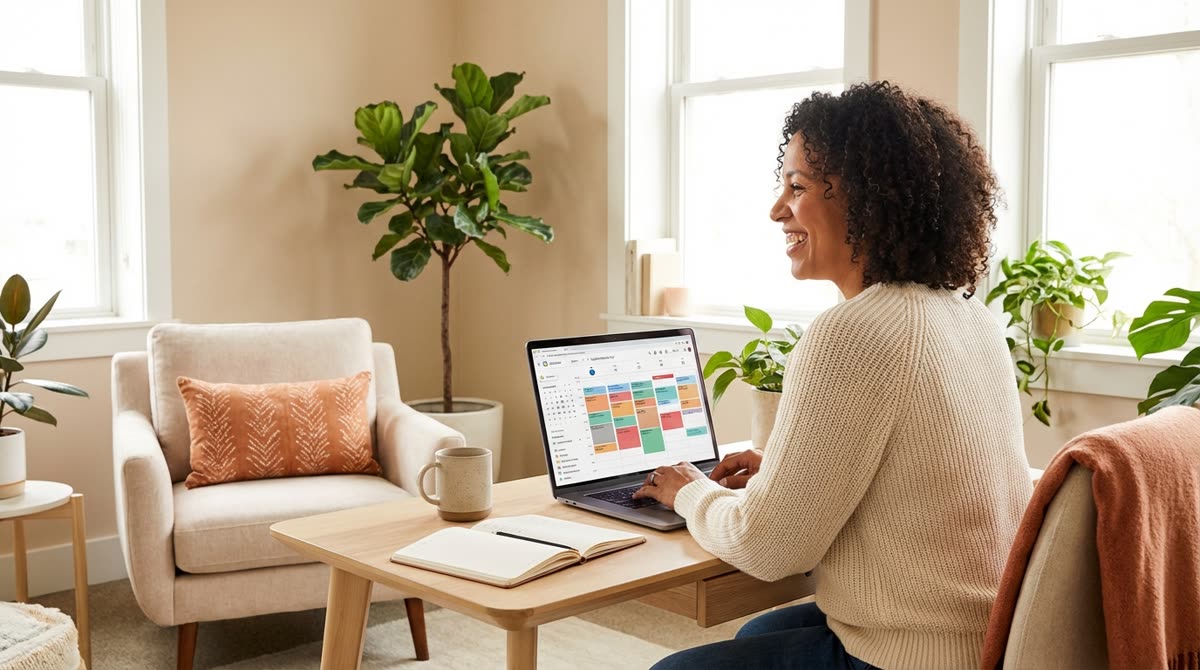 Terapeuta con agenda llena, sonriendo ante su calendario